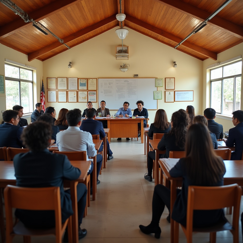 Credit cooperative meeting hall with organized documentation and members gathered for assembly